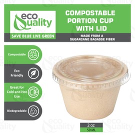 EcoQuality 2 oz Compostable Condiment Souffle Bagasse Cups with Lids - Portion Cup with Lid Sugarcane, Biodegradable Perfect For Sauces, Samples, Condiments, Slime, Jello Shot, Food Storage (300)