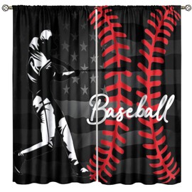 Baseball Curtains Boys Sports Game Window Curtains for Kids Boys Girls Bedroom Game Room Vintage American Flag Decor Blackout Window Drapes 42"" W X 45"" L, Style-1