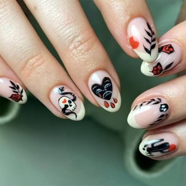Halloween Press on Nails Extra Short Fake Nails with Flower Heart Cactus Skull Snake Yellow French Tip Designs 24 Pcs Reusable Artificial Oval Acrylic Stick on Nail for Women WYFHDT