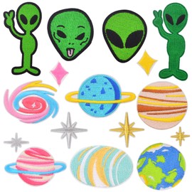 16PCS Solar System Space Patches - Funny Alien & Planet Iron-On/Sew-On Appliques for DIY Clothes, Hats, Jackets, Backpacks - Embroidered Repair Decoration (Green UFO Theme)