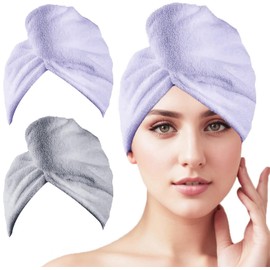 2 Pack Microfiber Hair Towel Wrap,H HOME-MART Super Absorbent Twist Hair Turban Hair Wrap for Women Fast Drying Hair Drying Cap with Buttons,Long & Thick Microfibre Hair Towel (Purple+Grey)