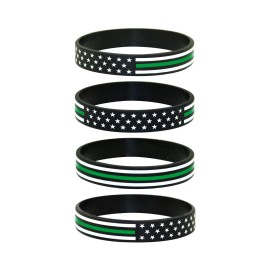 Great 1 Thin Green Line American Flag Silicone Stretchable Bracelet - 4-Pack - Milita...