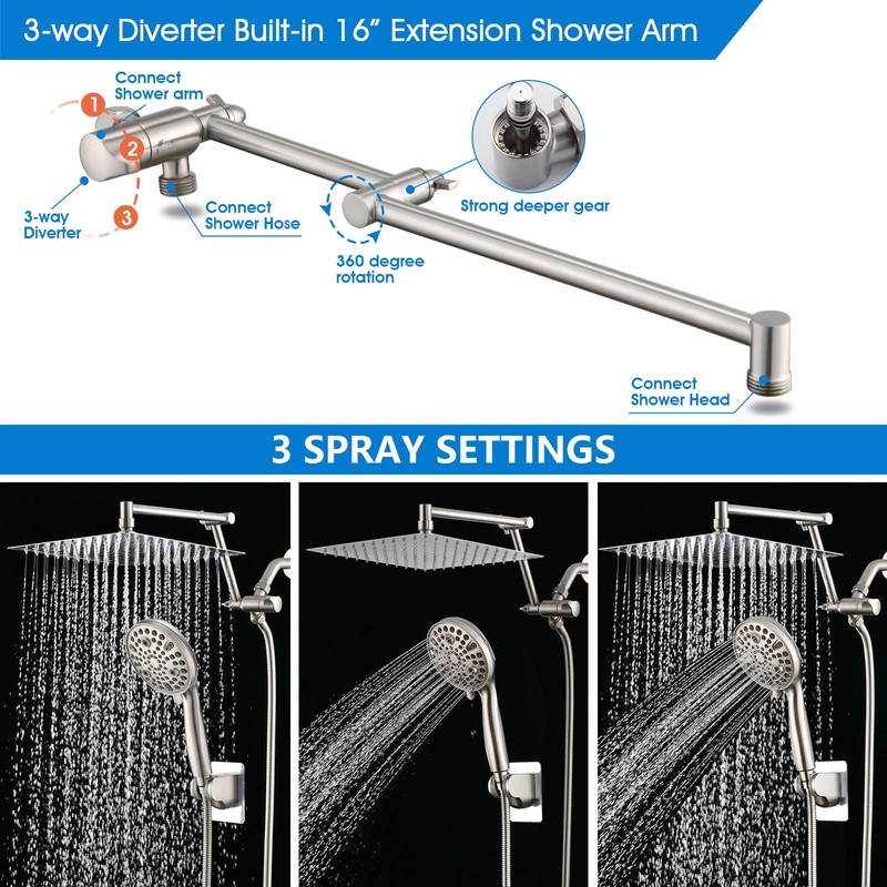PDPBath 10" Rainfall Shower Head with Handheld Spray, Dual Rain