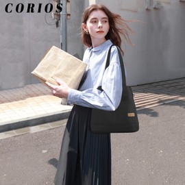 CORIOS Women’s Drawstring Bucket Bag Canvas Tote Handbag Large Shoulder Bag Casual Crossbody Bag Lightweight Messenger Bag Satchel Bag Ladies Top Handle Bag for Office Travel Work Daily Use Black