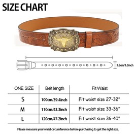 Vikodah Western Leather Cowboy Belts Texas Longhorn Bull Head Buckle Belt Floral Engraved Rodeo Belt for Men