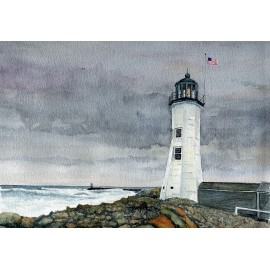 Bella Terra Scituate Lighthouse, Mass. Stormy South Shore. Rob Thorpe Watercolor Notecards - Set of 12