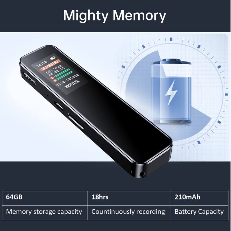64GB Digital Voice Recorder Noise Reduction Record with Playback MP3