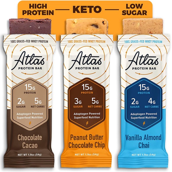 Atlas Bar - Keto Protein Bars, Classics Variety - High Protein, Low Sugar, Low Carb, Grass Fed Whey, Healthy Protein, Gluten Free, Soy Free (9-Pack)
