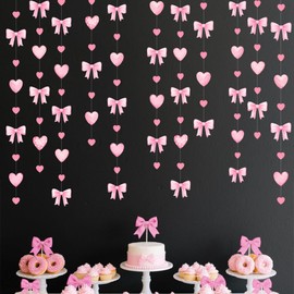 Rosa Schleife Dekorationen Rosa Herz Plaid Twill Polka Dot Schleife Hängende Luftschlangen Girlande Banner für Geburtstag Babyparty Brautparty Hochzeit Jahrestag Bachelorette Kokette Party