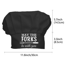 CREATCABIN Chef's Hat for Adults Adjustable Elastic for Bakers Kitchen Catering Chef Hat Individually Designed Chef's Hat Cotton for Women Men Black 30 x 23 cm May The Forks Be With You