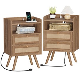 SUPERJARE 2 Drawer Night Stand with Charger Station, Boho Rattan Nightstand Set of 2, 25.2 Inch Tall Bed Side Table with Solid Wood Feet, End Table, Open Storage, Synthetic Rattan, Walnut