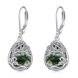Moss Agate Drop Dangle Teardrop Earrings 925 Sterling Silver Tree of Life Leverback Earrings for Women Jewellery Gifts (II-Tree of Life Moss Agate)