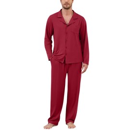 Marvmys Mens Pajama Sets Long Sleeve Sleepwear Button Down Loungewear Soft Cozy Lounge Pjs with Pockets Wine Red XL