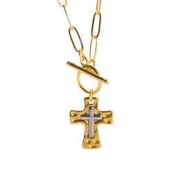 DIOWUS Chunky Gold Cross Necklace for Women, Non Tarnish Thick Golden Hammered Bold Statement Pendant Vintage Paperclip Stacks Toggle Necklace Jewelry Gift (Gold-A)