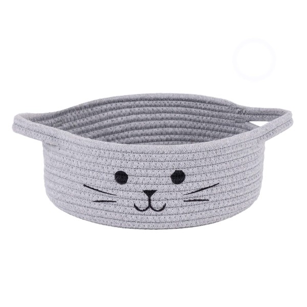 HiChen Small Woven Rope Storage Basket, Cute Cat Toy Basket for Living Room, Baby Basket for Nursery, Gift Basket Empty for Baby Shower, Grey, 9.8 x 4 inches