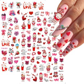 KZBTRBT 8 Sheets Valentine's Day Nail Art Stickers Decals,3D Self-Adhesive Nail Art Supplies Red Rose Lovers Lips Gnomes Designs Sticker Romantic Love Heart Manicure DIY Nail Decorations for Women Girls