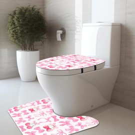 Reateforin Pink Cherry Bow Bathroom Rug Set of 3 Trendy Preppy Bath Mat Front Door Mats Coqquette Hot Pink Coquette Room Decor for Women Teen Girls Non-Slip Toilet Lid Cover Girly Bathroom Accessories