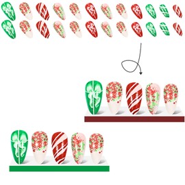 Christmas Press on Nails Long Almond Fake Nails with Christmas Tree Designs Glitter Glue on Nails Xmas Design Green and Red Stripes Full Cover Sequins False Nails for Women Artificial Nails 24 Pcs
