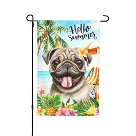Summer Floral Cute Pug Dog Beach Holiday Garden Flag 12x18 Inch Welcome Party Decoration Yard Flag For Holiday Season Outdoor