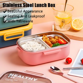 Ausenzup Stainless Steel Lunch Box, Portable Bento Box for Adults, Easy to Clean, Leak-Proof Design, Food Storage Container with Tableware for Family, Work, Picnics and Travel (Blue, 850ml)