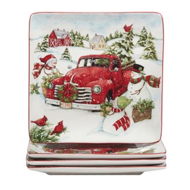 Certified International Red Truck Snowman 10.25" Dinner Plates, Set of 4