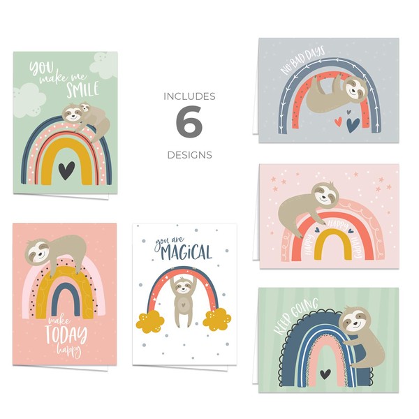 Encouragement Cards with Happy Rainbow and Sloth Design / 24 All Occasion Greeting Cards and Envelopes / 6 Cute Designs