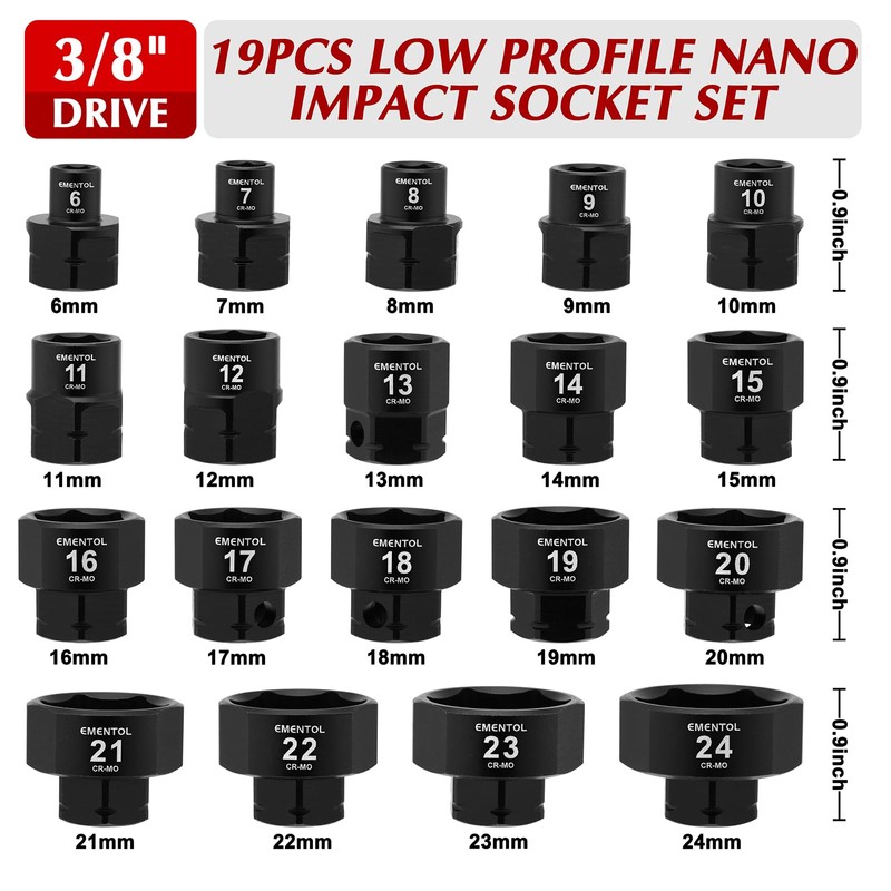 EMENTOL 19 Pieces 3/8" Drive Low Profile Nano Impact Socket