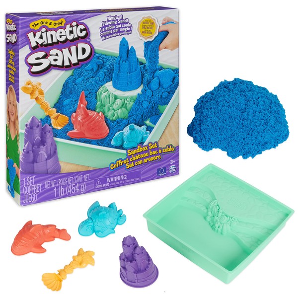 Kinetic Sand, Playset Blue Sand Castles, Kinetic Sand with Tray, Magic Sand, Blue Sand 454 g, 3 Moulds Included, Toys for Children and Girls, 3+ Years Old