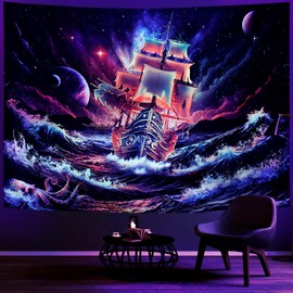 Leofanger Blacklight Galaxy Tapestry Trippy Planet Tapestry UV Reactive Neon Ocean Wave Octopus Wall Tapestry Great Wave Tapestry Starry Sky Tapaestry Wall Hanging for Home Decor(51.2"x59.1")