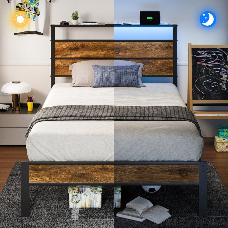 Liians Twin Bed Frame with Storage Headboard USB Charging Station,