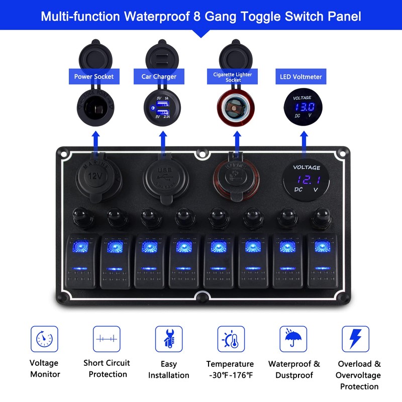 xhtechnology Xhtechnology Marine Boat Rocker Switch Panel,Waterproof 8 Gang Multi-Function