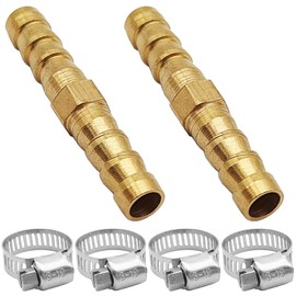 Brass Hose Barb Fittings Repair Kit, 2 Pcs 1/4"(6mm) Brass Barb Splicer Mender Hose Fitting with 4 Pcs Stainless Steel Pipe Clamps for Water/Fuel/Air, Fuel Line Connector Fittings