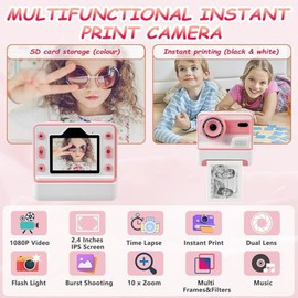 Instant Print Camera for Kids | 1080P HD 48MP Kids Print Camera with 2.4-inch IPS Screen | Instant Camara for Kids Boys Girls Age 3-12, Included 3 Roll Thermal Print Paper, 32GB SD Card