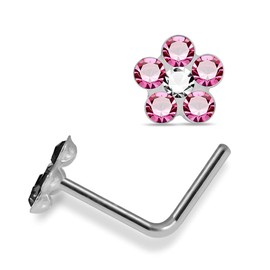 AZARIO LONDON Pink Multi Crystal Flower 22 Gauge 925 Sterling Silver L Bend Nose Piercing