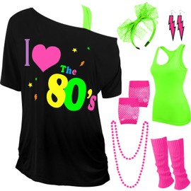 Didaey I Love The 80's Disco 80s Costume Print Off Shoulder Tops Tank Top Headband Earring Necklace Legwarmers Fishnet Gloves (Rose Red, Neon Green, Large)