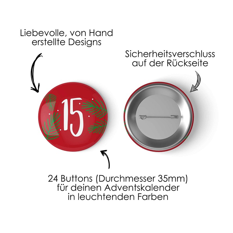 Papierdrachen 24 Advent Calendar Numbers on Buttons - Lapel Pins