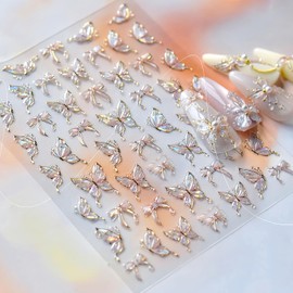 Butterfly Nail Art Stickers Decals Pink Shell Light Butterfly Nail Decals 5D Embossed Jelly Butterfly Bow Nail Designs Spring Summer Butterfly Nail Art Supplies for Women Nail Decorations 1Sheet