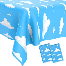 Blue Sky White Clouds Tablecloth, 2 PCS Disposable Cartoon Clouds Plastic Table Cloth Table Cover for Boys Girls Baby Showers Cartoon Story Birthday Party Supplies, Sky Themed Decorations, 54" x108"