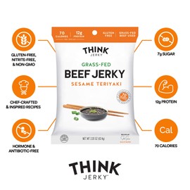 Think Jerky, Sesame Teriyaki Beef Jerky (2.2 Ounce Bags, Pack of 4 Bags) - Delicious Chef Crafted Jerky, Grass-Fed Beef Jerky, Gluten Free, No Antibiotics or Nitrates - Healthy Protein Snack, Low Calorie and Low Fat