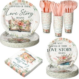 Yungyan 252 Pcs Green Leaves Books Floral Bridal Shower Party Tableware Set Included Plates Napkins Cups Forks Knives Cutlery for Party Decorations Supplies 36 guests