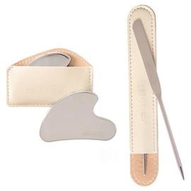 すらりフェイスボディ かっさ 【公式】 かっさプレート カッサ ハート型 ボディ用 マッサージ 顔 | 耐久性の高いメタル製 小顔 美顔 スキンケア 自宅エステ 上質なギフト ステンレス鋼 | 「付属」美肌スクレーパー（オイルやクリームを均一に塗布できる）＋携帯用レザー収納ケース 【Banssg】シルバー (ハート型グアシャ + 初代ファンデーションスパチュラ)