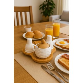 Ceramic Condiment Set with Bamboo Base – Salt and Pepper Shakers with Sugar Jar, Spoon & Wooden Lid – Kitchen & Dining Table Organizer JR5002