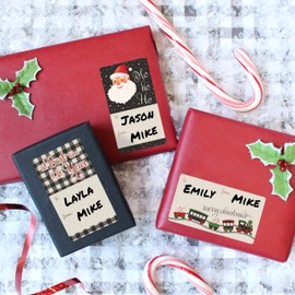 Black and White Plaid Christmas Gift Tags, 75 Gift Wrap Tags, Buffalo Plaid Wrapping Paper Supplies, Peel and Stick Christmas Train and Retro Santa Gift Tags