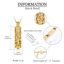 shajwo Cylinder Urn Necklaces for Ashes for Women Men Tree of Life Cremation Jewelry Glass Keepsake Memorial Pendant,Gold