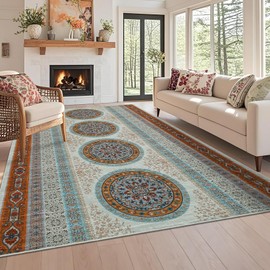 LUXLOOM Vintage Printed Living Room Rugs 8x10 Large Washable Oriental Accent Rugs, Non-Slip Traditional Floor Mat, Stain-Resistant Low Pile Indoor Carpet for Dining Room, Bedroom, Kitchen, Orange
