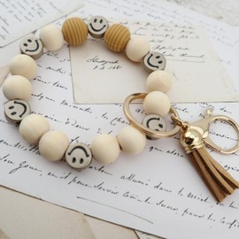 MyfavoriteK Tassel Smile Key Chain Bracelet for Women Wooden Happy Faces Beaded Key Chain Wristlet Keychain for Car Keys, Mustard, 2.3 inches