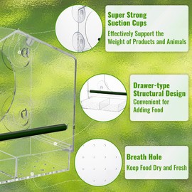 Jarkyfine Window Bird Feeder - 4 Strong 2.36" Suction Cups - Clear Acrylic Birdhouse for Outdoors, Removable Tray, Birdwatching Gift for Parents