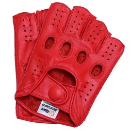 Riparo Mens Leather Reverse Stitched Fingerless Half-Finger Driving Motorcycle Gloves (X-Small, Red)