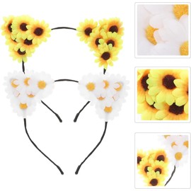 Headband 2pcs Sunflower Cat Ears Headband Hair Hoop Women Floral Headpiece for Christmas Festival, Wedding Party (White+Yellow, One size)