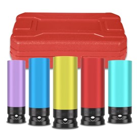 ZOYAKKI 5 PCS 1/2" Drive Wheel Protector Impact Socket,Metric Size15-17-19-21-22mm,Non-Marring Lug Nut Thin Wall Deep Socket Set, CR-MO, 6 Point, Color-Coded Protective Socket